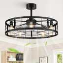 LEDIARY 30 inch Fandelier Caged Ceiling Fan with Light, Bladeless Ceiling Fan with Remote, Farmhouse Fan Lights Ceiling Fixtures for Kitchen, Bedroom, Outdoor(6 Speed, Timing)-Black