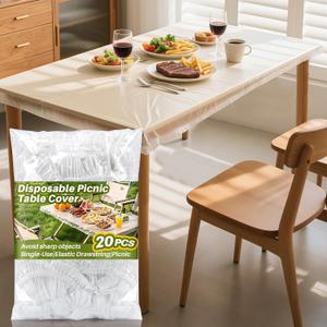 RAINFLOW 20PCS Disposable Plastic Table Cover - Clear Plastic Table Cover Protector Elastic Edge Waterproof Tablecloth for Round Table Rectangle Indoor Outdoor for Dining Picnic Camping(27.5x59in)