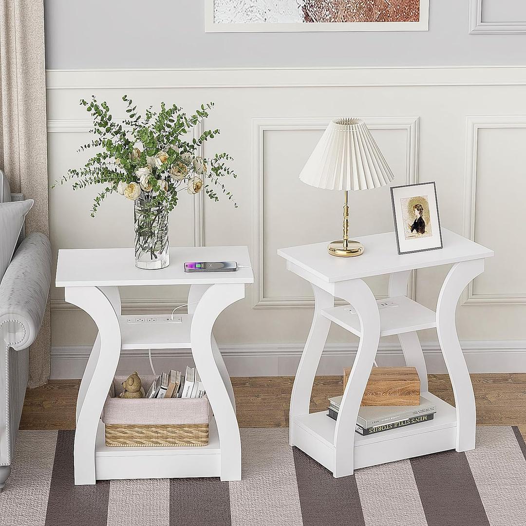 End Tables Living Room Set of 2,End White Table with Charging Station, Side Table, Nightstand for Bedroom, 3 Tier End Table with Storage Shelf for Living Room White