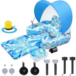 Inflatable Motorized Pool Float for Adults with Canopy, Electric Motorized Floats Lounge Chair with Dual Thrusters Cup Holders Foot Pump, Pool Raft for Lake Parties