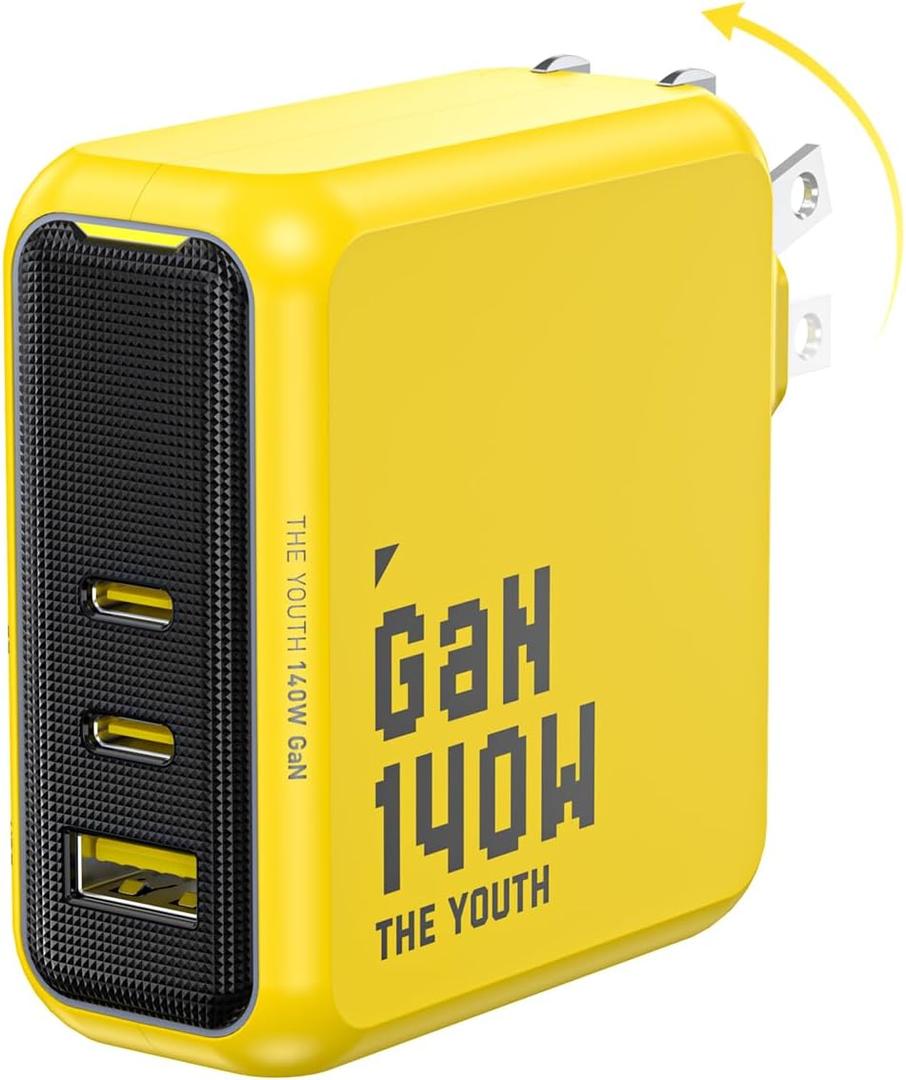 AOHI Youth 140W GaN+ USB C Charger 100W Laptop Fast Charger PD3.1 PPS 3-Port USB C Wall Charger Power Adapter for MacBook Pro 16'', Dell XPS, iPhone 16/15 Pro Max, iPad Pro, Tablet, Chromebook, Yellow