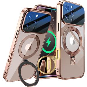 [Full Camera Lens Protection+CD Ring Compatible with MagSafe Stand]Magnetic for iPhone 16 Pro Max Case, Military Grade Drop Protection Electroplated Clear Case for Women Men Girls, Desert Titanium