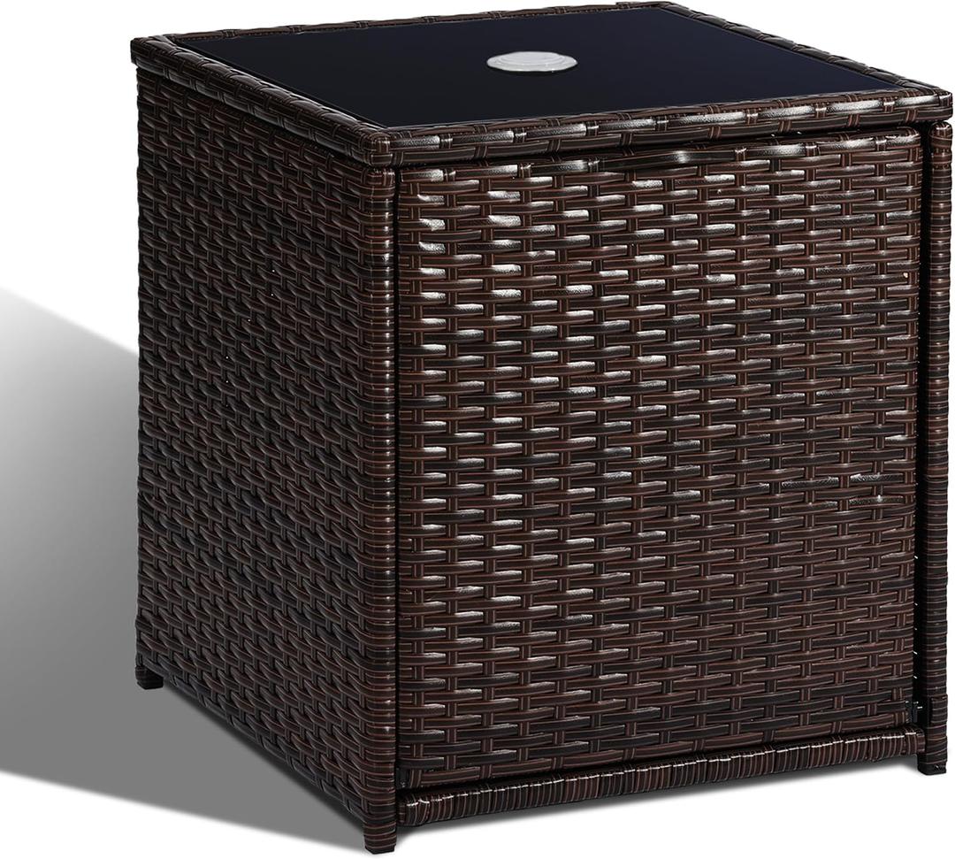 SUNNYPARK Outdoor Umbrella Side Table with 2 Weight Bags, 2-in-1 Patio Table with Umbrella Hole, All-Weather Handwoven PE Rattan Umbrella Base Stand for Deck Yard Garden Balcony Poolside