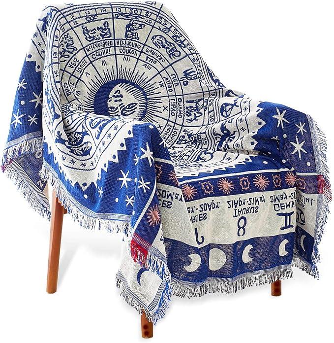 CaptainRay Boho Woven Throw Blanket Reversible Cotton Bohemian Tapestry Hippie Room Decor Witchy Astrology Zodiac Celestial Constellation Carpet Bed Chair Couch Sofa Cover Double Sided,70x50