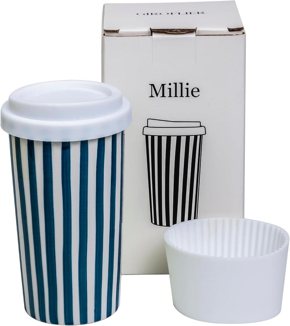 Millie 12oz Ceramic Tumbler - Stylish Travel Coffee cup with Lid, Microwave & Dishwasher Safe - Ceramic Travel Mug with Lid - Unique Gift Idea for Women & Men Who Love Coffee on the Go (Blue)