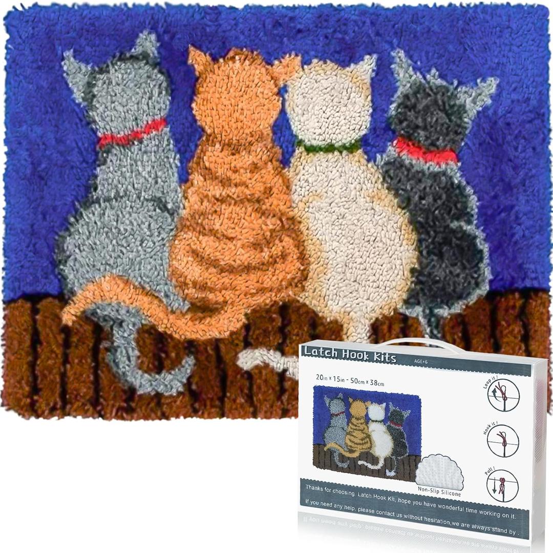 EsLuker.ly Latch Hook Rug Kit DIY Crochet Carpet for Beginners, Cats Patterns Pre-Printed Canvas Yarn Rug Hooking Kits, Creative Craft Home Decor Ideal for Learning Rug Making, Blue