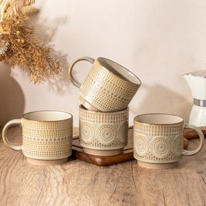 GBhome 16OZ Stackable Coffee Mugs, Ceramic Coffee Mugs with Texture Patterns for Man,Woman,Dad,Mom, Modern Coffee Mugs Set of 4 for Latte/Cappuccino/Cocoa. Dishwasher&Microwave Safe