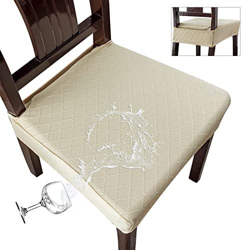 Genina Waterproof Seat Covers for Chairs,Set of 6 Dining Room Chair Seat Covers for Kitchen,Stretch Jacquard Removable Washable Dining Chair Slipcovers Protectors with Rear Covers, Beige