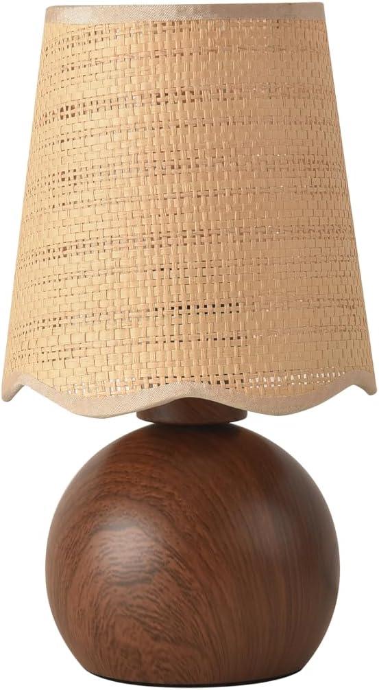 Minimalist Rattan Table Lamp, 11' Height, Woven Lampshade & Walnut-Style E26 Socket Metal Base, Bedside Nightstand Desk Light, Boho Modern Decor for Bedroom Livingroom (Bulb Not Included)