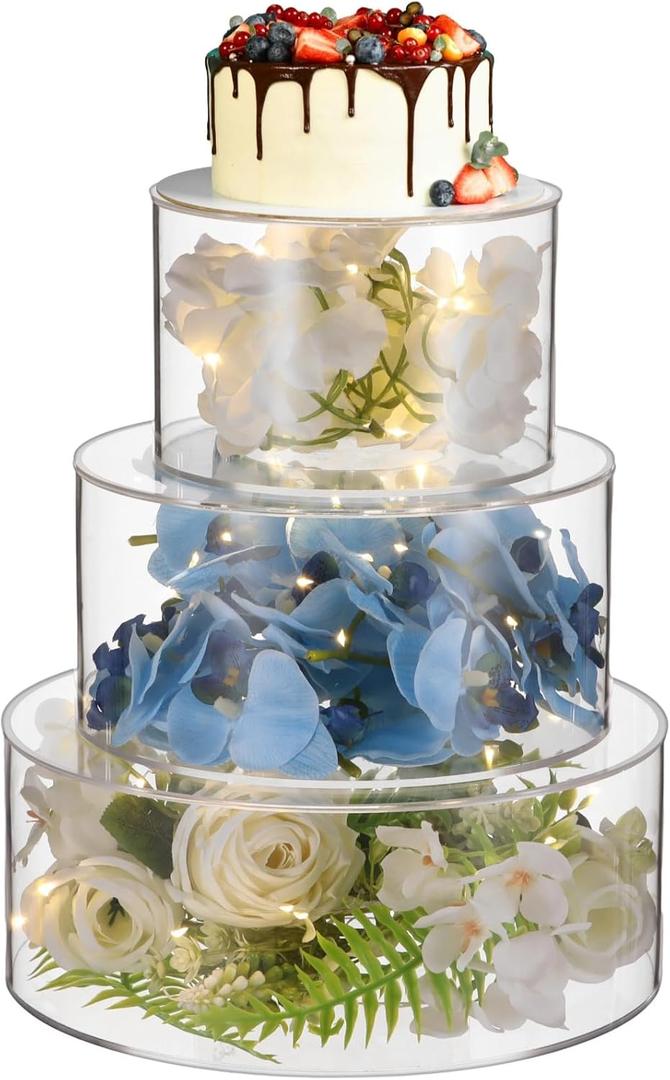 3 PCS Acrylic Cake Stand with LED Lights, 6/8/10 Inch Clear Cake Stand Fillable Cake Riser Round 3 Tier Case Box for Birthday Wedding Holiday Party (3PCS)