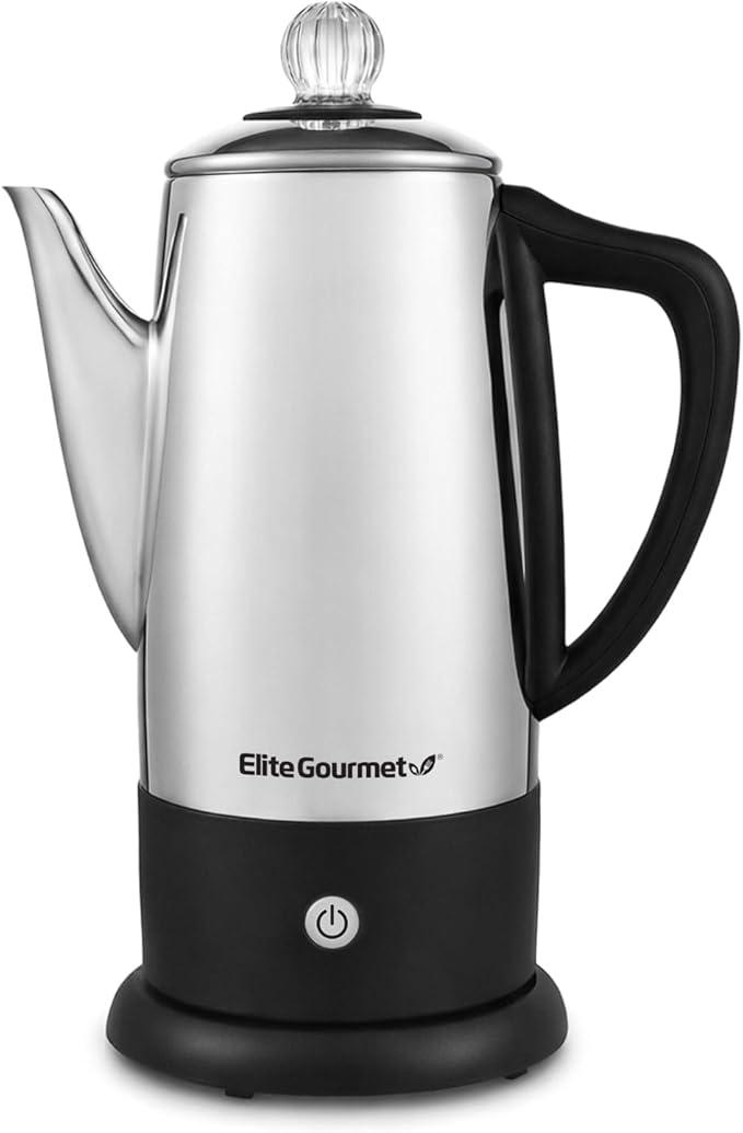 Elite Gourmet EC812 Electric 12Cup Coffee Percolator with Keep Warm, Clear Brew Progress Knob CoolTouch Handle Cordless Serve, Stainless Steel