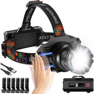 Linterna frontal recargable sper brillante, lmpara de cabeza con sensor de movimiento de 3000LM con 9 modos, faro con zoom para adultos ajustable a 90, IPX7 impermeable de alta potencia