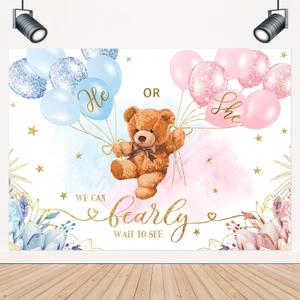 LIGHTINHOME Bear Gender Reveal Backdrop 7Wx5H Feet He or She Pink or Blue Boho Floral We Can Bearly Wait Baby Shower Photography Background Mom-to- be Party Decorations Photo Booth Studio Prop Fabric