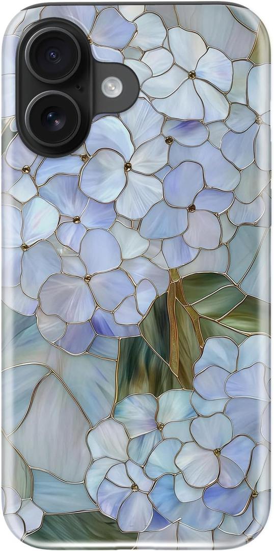 For iPhone 16 Case, Wireless Charging Compatible,Dual-Layer Protection with Stylish Wildflower Design, Soft Silicone + Hard Shell, Cute Chic Phone Cover for Women - Pastel Hydrangea