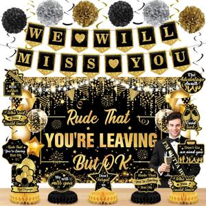 Black Gold Farewell Party Decorations We Will Miss You Banner Honeycomb Centerpiece Rude That You're Leaving But Ok Backdrop Hanging Swirls for Teacher Coworker Retirement Pastor Day Party Supplies