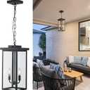 tewei 17.3'' Large Outdoor Pendant Lantern Light for Porch, 2-Light Black Metal Exterior Hanging Pendant Light Fixture Dusk to Dawn, Ceiling Hanging Chandelier Lighting for Foyer, Entryway, E12