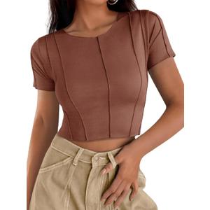 Cicy Bell Womens Short Sleeve Crop Tops Summer Fitted Ribbed Knit Tee Shirts Trendy Casual Y2k Going Out Shirts (Large, Brown)