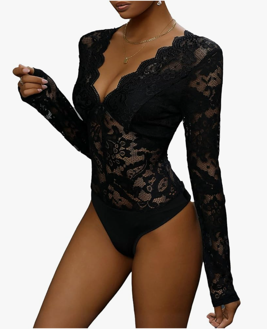 Everbellus Sexy Lace Body Suits for Women Long Sleeve Deep V Lingerie Top Date Night Clubwear, M
