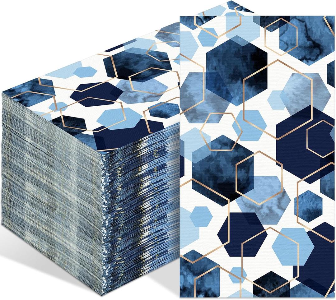 Tinlade 100 Pcs Disposable Paper Hand Towels for Bathroom, Paper Guest Towels for Powder Room Disposable Dinner Napkins for Birthday Bridal Shower Tea Party Supplies Table Decor (Blue Hexagon)