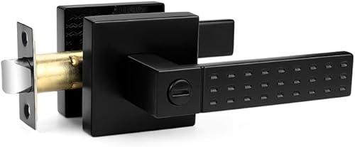 Probrico Privacy Door Handle Non-Slip Grip, Heavy Duty Interior Door Handles for Bathroom Bedroom with Lock, Square Knob Lockset for Left and Right Handed Doors, Black, 1 Pack