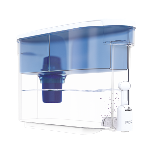 PUR 30-Cup Countertop Water Filter Dispenser, 1 Genuine PUR Filter, 2-in-1 Powerful Filtration, Lasts 2 Months or 40 Gallons, Dishwasher Safe, White/Blue