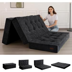 MAXYOYO Tri-Fold Mattress, 6 Inch Tufted Folding Mattress with Chenille Fabric, Portable Queen Size Floor Guest Mat for Adults, Foldable Topper for Camping, Black