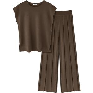 Ekouaer Lounge Sets for Women Two Piece Outfits Knit Cap Sleeve Tops Wide Leg Pleated Pants Casual Dressy Sweater Sets (X-Large, Dark Brown)
