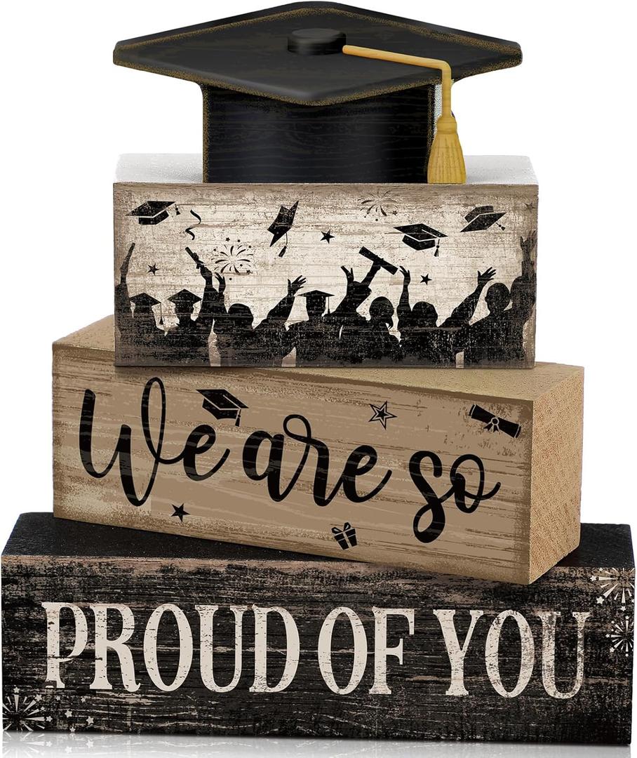 CroBlissful 4 Pcs 2026 Graduation Decorations Class of 2026 Table Centerpiece Graduation Tiered Tray Decorations We are So Proud of You Farmhouse Wooden Block Congratulate Gifts for Home Shelf Office