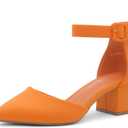 Shoe Land Closed Toe Heels for Women 2.25 Inch Low Block Pumps for Office | Pointed Toe Chunky Dress Heels with Ankle Strap | Comfy Womens Business Casual Shoes (Orange, 5)