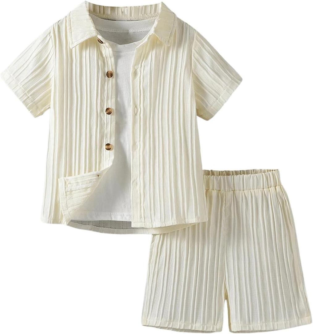 SweatyRocks Boy's 2 Piece Outfits Short Sleeve Collar Button Down Shirt and Shorts Clothing Set (3-4T, White)