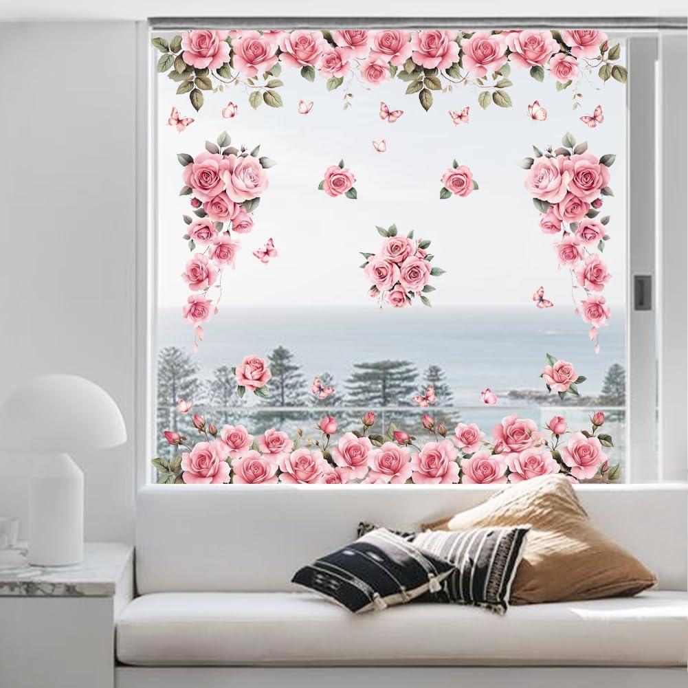 Peacoblue Window Static Clings Stickers Decal 11.8"x35.4",2 Sheets with 24PCS Pink Roses Flowers Vine Decorative Removable Window Sticker Cling Film Home Office Decor for Glass Window Mirror