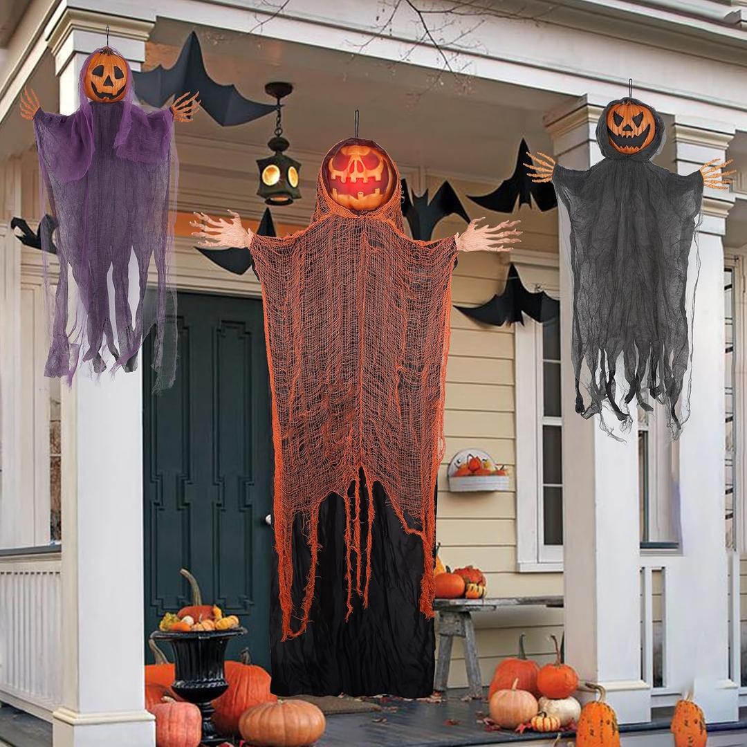DR.DUDU 3 Pack Hanging Halloween Decor Outdoor Pumpkins Ghost Spooky Skeleton with Bendable Arms, Pumpkin Decorations with Lighted Head for Tree Porch Garden Party Indoor Dcor