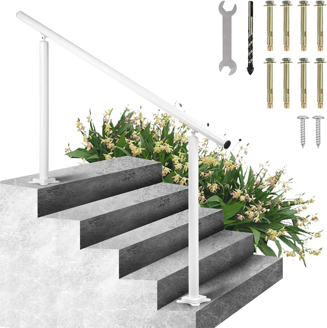 VEVOR Outdoor Stair Railing Kit, 5 FT Handrails 0-5 Steps, Adjustable Angle White Aluminum Stair Hand Rail for The Elderly, Handrails for Outdoor Steps