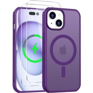 Magnetic for iPhone 15 Case [Compatible with MagSafe] with 2X Screen Protector, Military-Grade Slim Shockproof Phone Cover Translucent Anti-Fingerprint Anti-Scratch for iPhone 15 6.1'', Purple