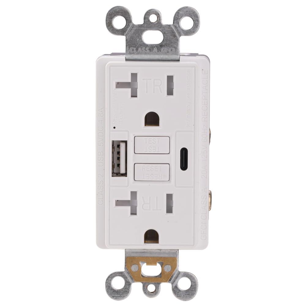 Combination 20A Self-Test GFCI Outlet and Type A & Type-C USB in-Wall Charger Outlet with 5V/4.8A, High Speed Charging for Smartphones and Tablets, ETL Listed, Wallplate Included, 1 Pack, White