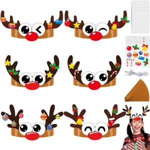 Qyeahkj 24 Sets Christmas Headbands Craft Kits Xmas Reindeer DIY Paper Crown Crafts for Kids Winter Elk Reindeer Eyes Nose and Horn Stickers Holiday Home Classroom Activities Winter Party Favors
