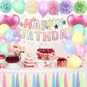Pastel Rainbow Party Decorations - 50Pcs Pastel Birthday Decorations with Happy Birthday Banner, Balloons & Paper Pom Poms, Macaron Theme Party Supplies for Girls & Boys, Kids, Women