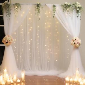 30x10ft White Tulle Backdrop Curtain with Lights String for Parites, Sheer Photo Backdrop Curtains with Lights for Wedding Backdrop Ceremony Reception Bridal Shower Baby Shower Birthday Party (6 Panels(5*10FT))