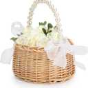 Flower Girl Basket, Small Wedding Flower Girl Basket with Pearl Handle and Ribbon Bow, Rustic Flower Girl Baskets for Outdoor Picnic Home Wedding Decoration (Diameter 16.5cm) (1pc)