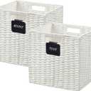 UBBCARE 2 Pack Wicker Basket, 10.5×10.5 Storage Cubes with Label, Foldable Cube Storage Bin with Handle, Square Storage Basket for Shelves, Woven Paper Rope Basket for Organizing, White