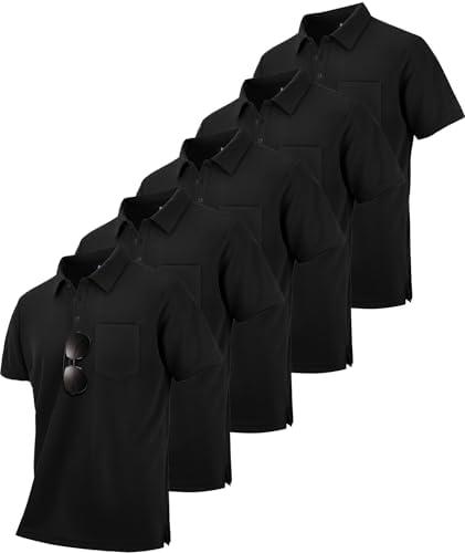 SCODI 5 Pack Mens Pocket Polo Shirts Short Sleeve Multipack Golf Shirt for Men Moisture Wicking Casual Athletic Work T-Shirts, L, Black