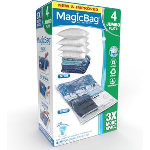 MagicBag Smart Design Instant Space Saver Storage - Flat Jumbo - Set of 4 Bags Total - Airtight Double Zipper - Vacuum Seal - Clothing, Pillows - Home Organization