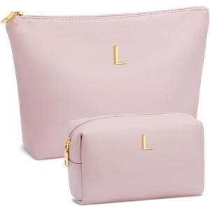 Birthday Gifts for Women Initial Makeup Bag Set Personalized Girl Cosmetic Travel Toiletry Bag Gifts for Bridesmaid Friend Graduation Teachers(Pink,L)