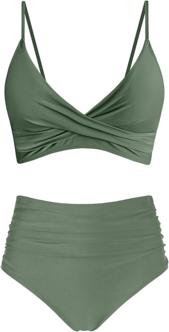 Women's High Waisted Bikini Sets Push Up Twist Front Spaghetti Straps Ruched Two Piece Swimsuit Bathing Suit (X-Large, Olive)