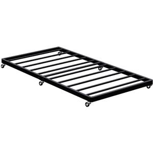Twin Trundle Bed Frame with Metal Slats, Roll-Out Design, Easy Assembly Steel Frame with Lockable Wheels, Noiseless Pull Out Bed for Bedroom, Living Room or Guest Room, Black