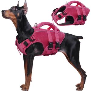 Kuoser Dog Life Jacket High Flotation, Reflective Dogs Life Vest for Swimming Boating, Adjustable Small Medium Large Dog lifejacket, Lightweight Dogs Life Preserver Rescue Handle Spring Summer Pool (Large (Chest Girth:22.8-29.5''), Rose Red)