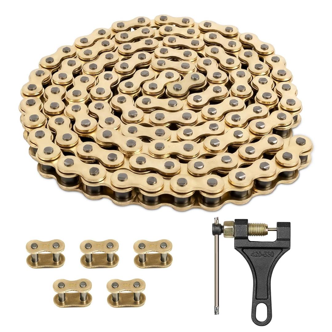 Belleone 520 Gold Motorcycle Chain 114 Links with Chain Breaker, 520 Drive Bike Roller Chain with 5 Master Links for 250cc 300cc Series DRZ250 RMZ250 KX250 KX450F CRF250R CRF450R YZ250F YZ450F