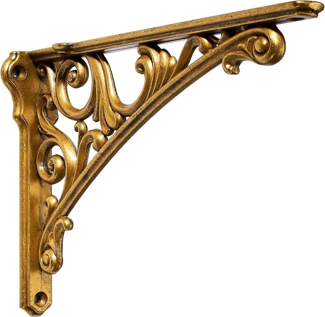 Khtumeware Shelf Bracket 6 Inch, Decorative Brackets for Shelving, Heavy Duty Vintage Brass Ornate Shelf Bracket,BaroqueHardware Included, 4 Pack, Antique Brass, 5.9x4.2x1.73 inch