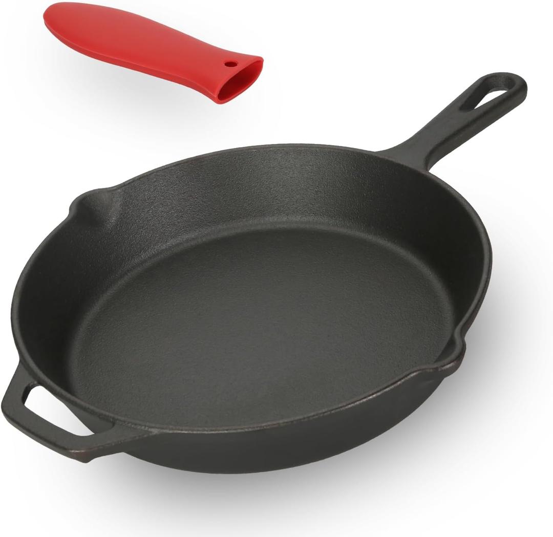 Cast Iron Skillet, 10.25 Inch Pre-Seasoned Frying Pan with Silicone Hot Handle Holder - Versatile for Oven, All Stovetop, Grill, Campfire - Searing, Sauting, Broiling, Frying
