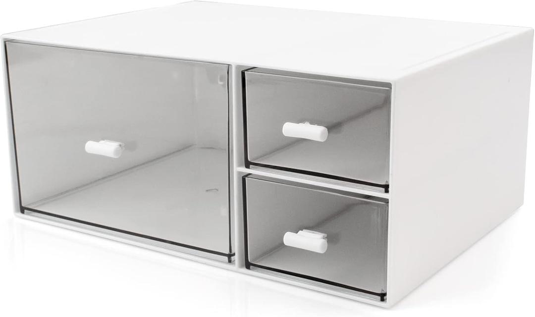 Desk Organizer Stackable Storage Drawers with 3 Compartments Stackable Drawers Great for Desk Storage, Makeup Storage Bathroom Organization Accessories Etc (White) (9*6.5*4inch - 3 Compartment), White  Desk Organizer Stackable Storage Drawers with 3 Compartments Stackable Drawers Great for Desk Storage, Makeup Storage Bathroom Organization Accessories Etc (White) (9*6.5*4inch - 3 Compartment), White